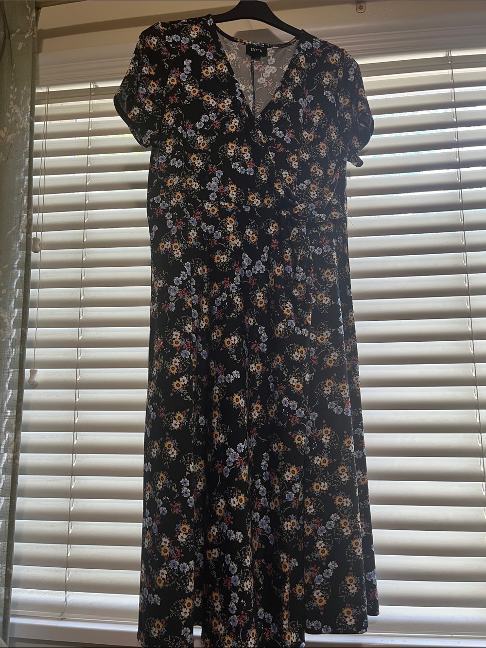 Tacera Black Floral Wrap-Style Midi Dress with Multicolor Blooms